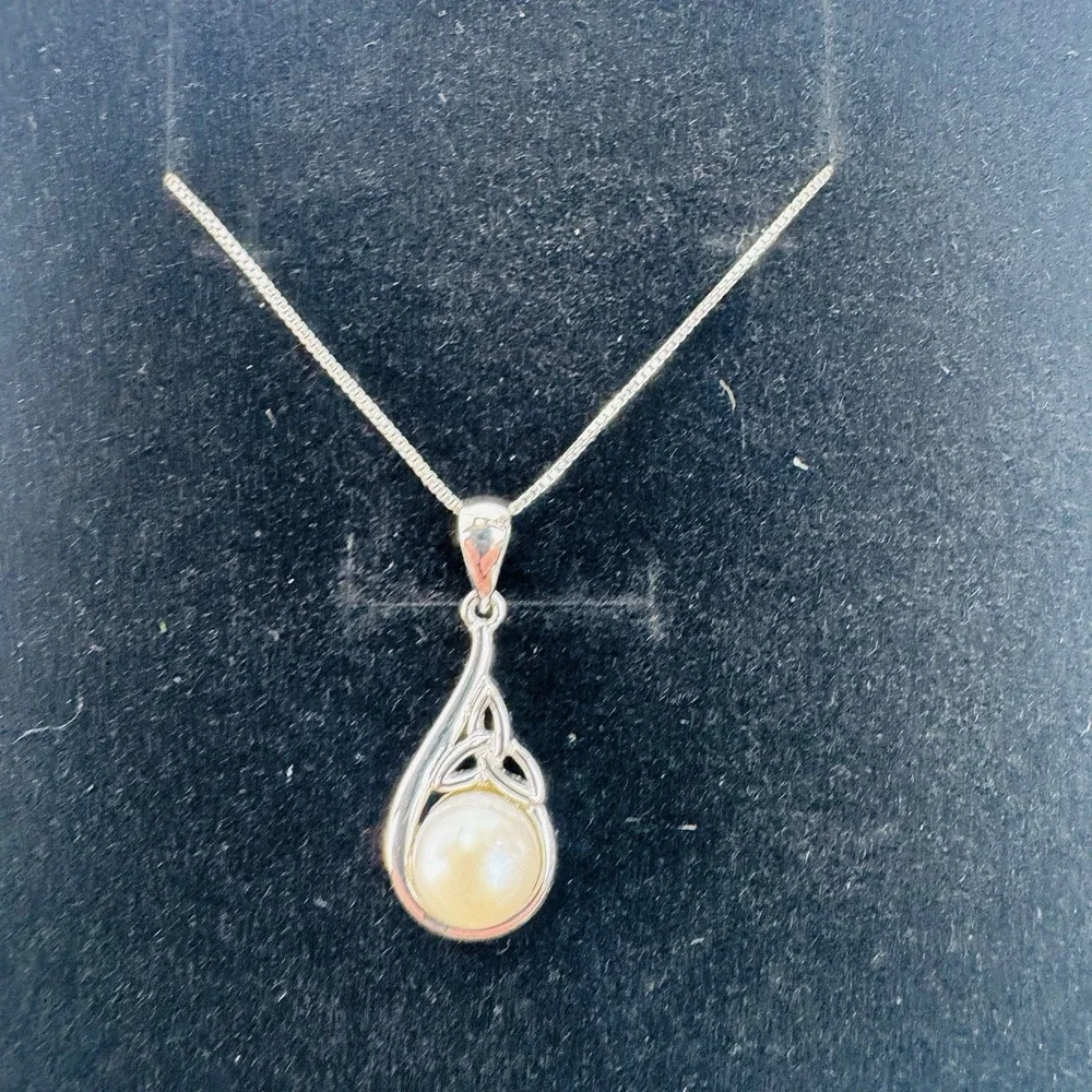 The Irish Store Sterling Silver and Half Pearl Trinity Knot Pendant with Chain